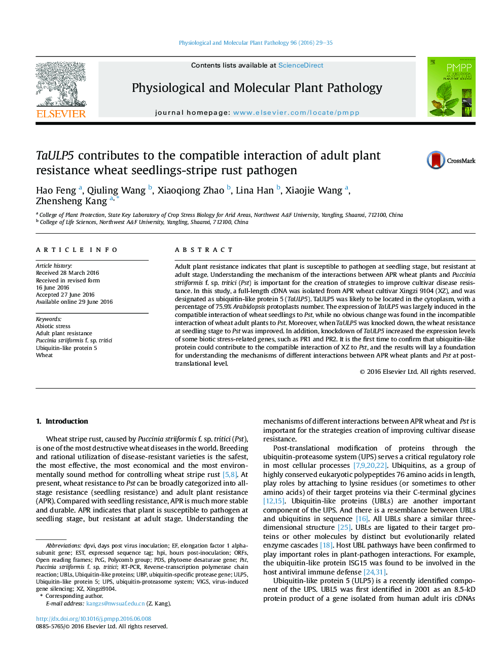 TaULP5 contributes to the compatible interaction of adult plant resistance wheat seedlings-stripe rust pathogen