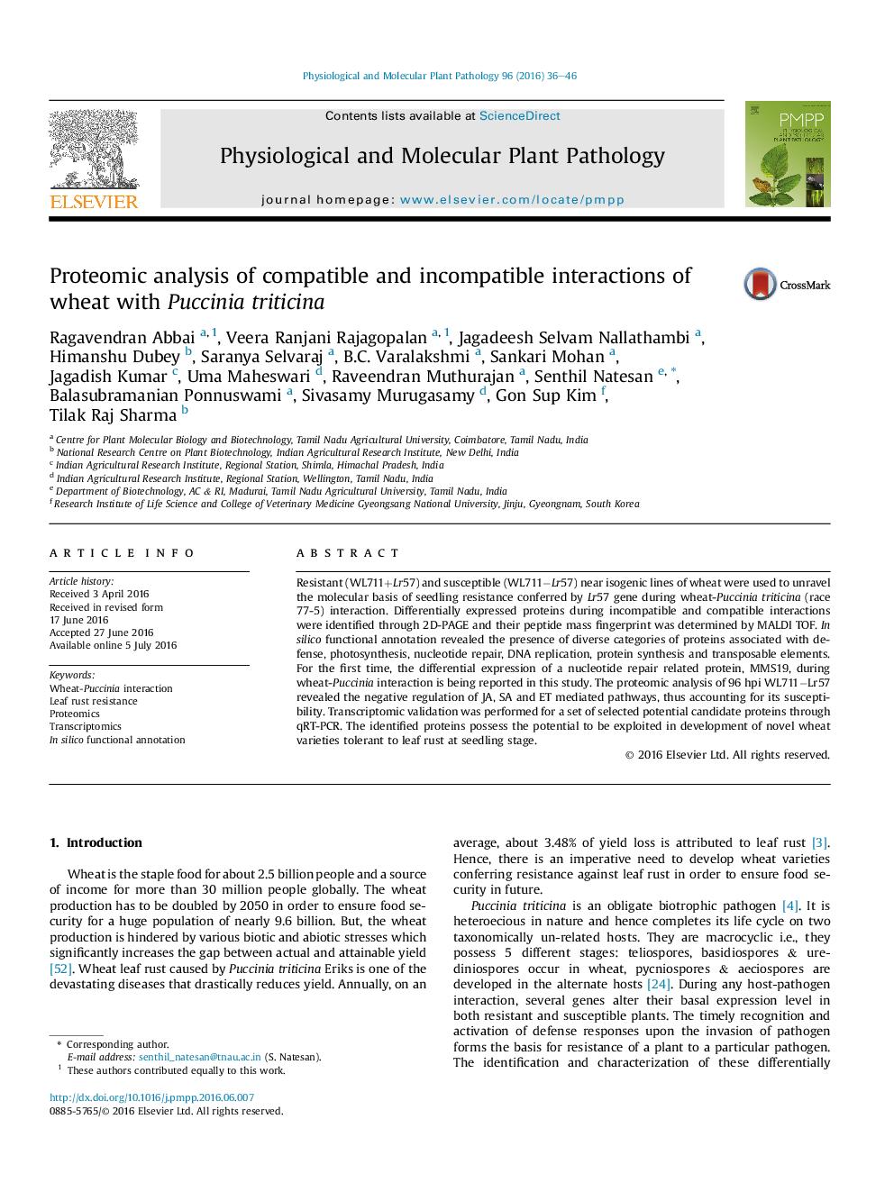 Proteomic analysis of compatible and incompatible interactions of wheat with Puccinia triticina