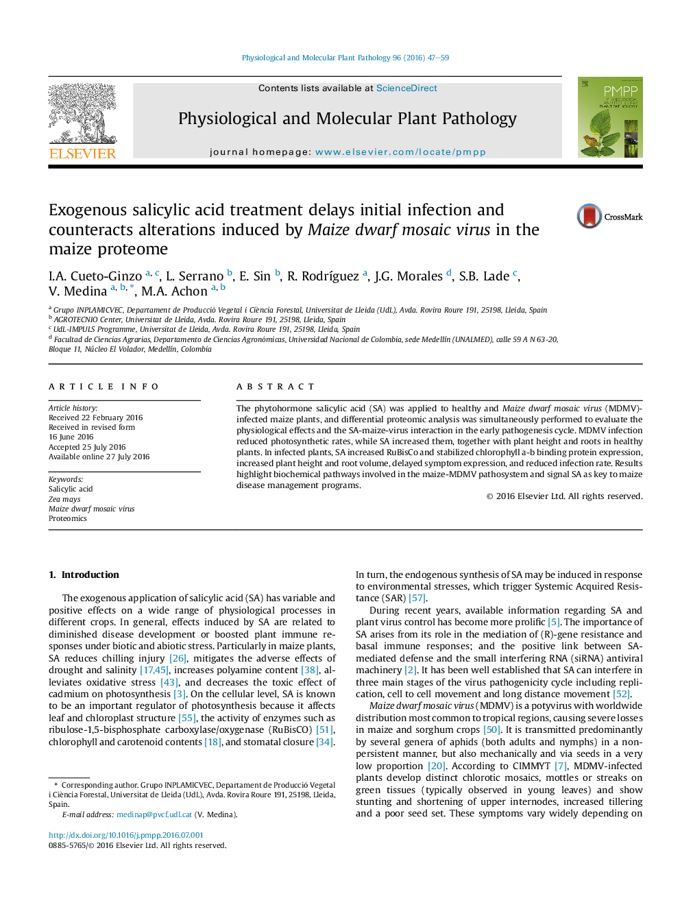 Exogenous salicylic acid treatment delays initial infection and counteracts alterations induced by Maize dwarf mosaic virus in the maize proteome