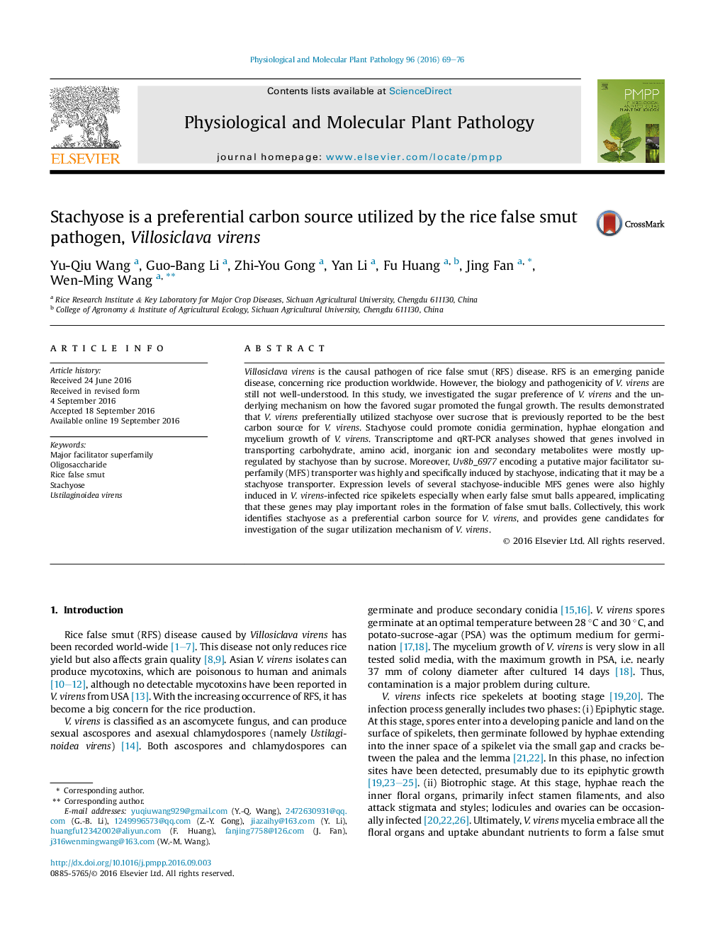 Stachyose is a preferential carbon source utilized by the rice false smut pathogen, Villosiclava virens