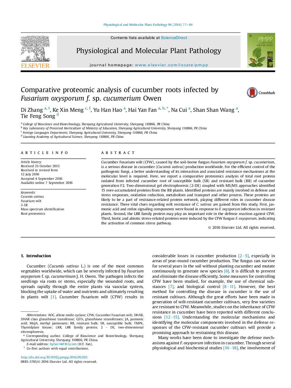 Comparative proteomic analysis of cucumber roots infected by Fusarium oxysporum f. sp. cucumerium Owen