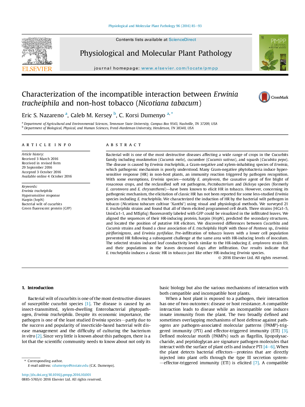 Characterization of the incompatible interaction between Erwinia tracheiphila and non-host tobacco (Nicotiana tabacum)