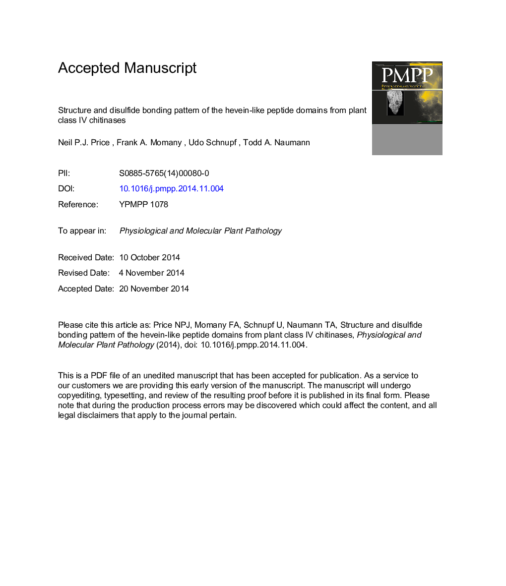 Structure and disulfide bonding pattern of the hevein-like peptide domains from plant class IV chitinases