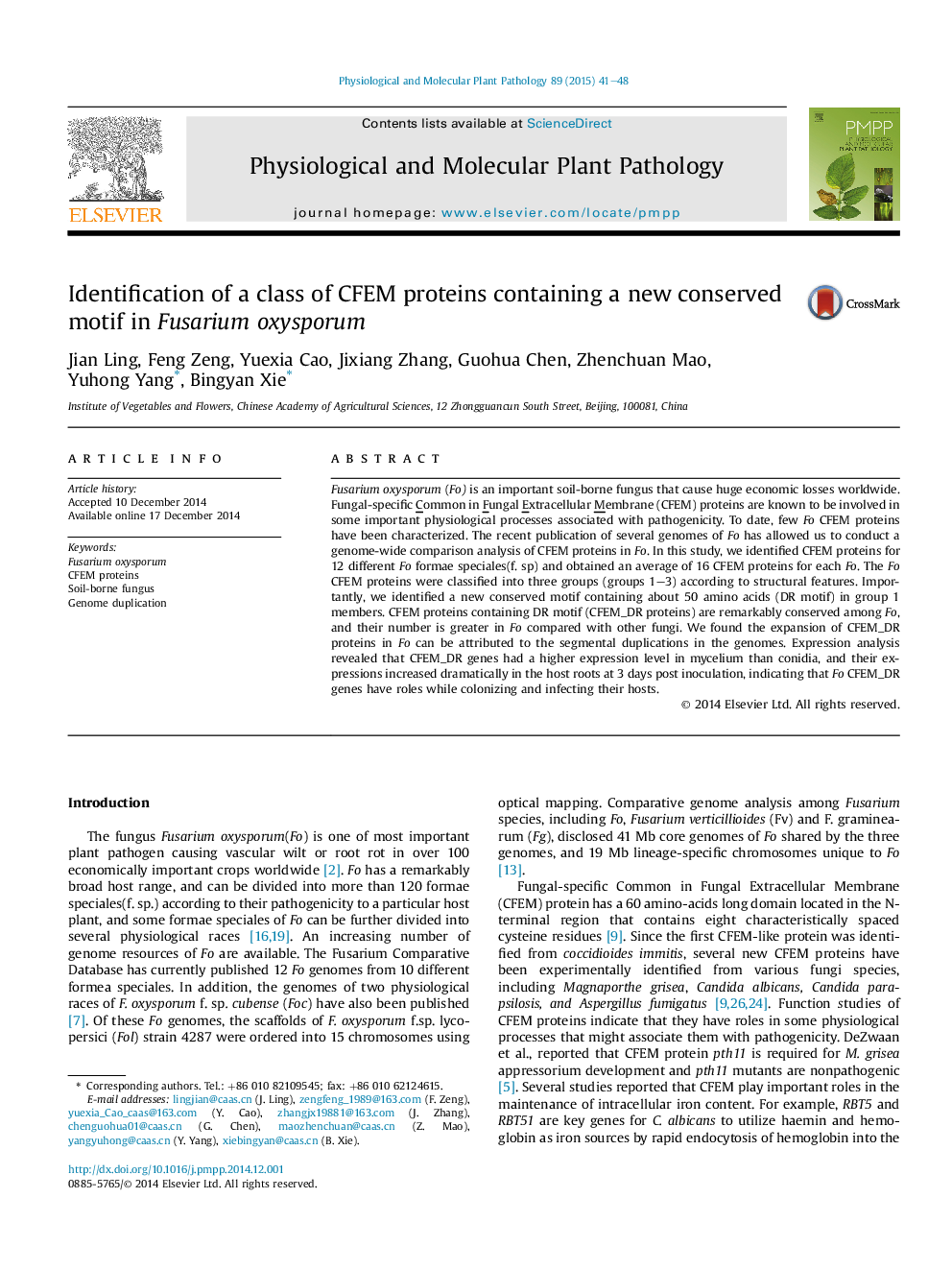 Identification of a class of CFEM proteins containing a new conserved motif in Fusarium oxysporum