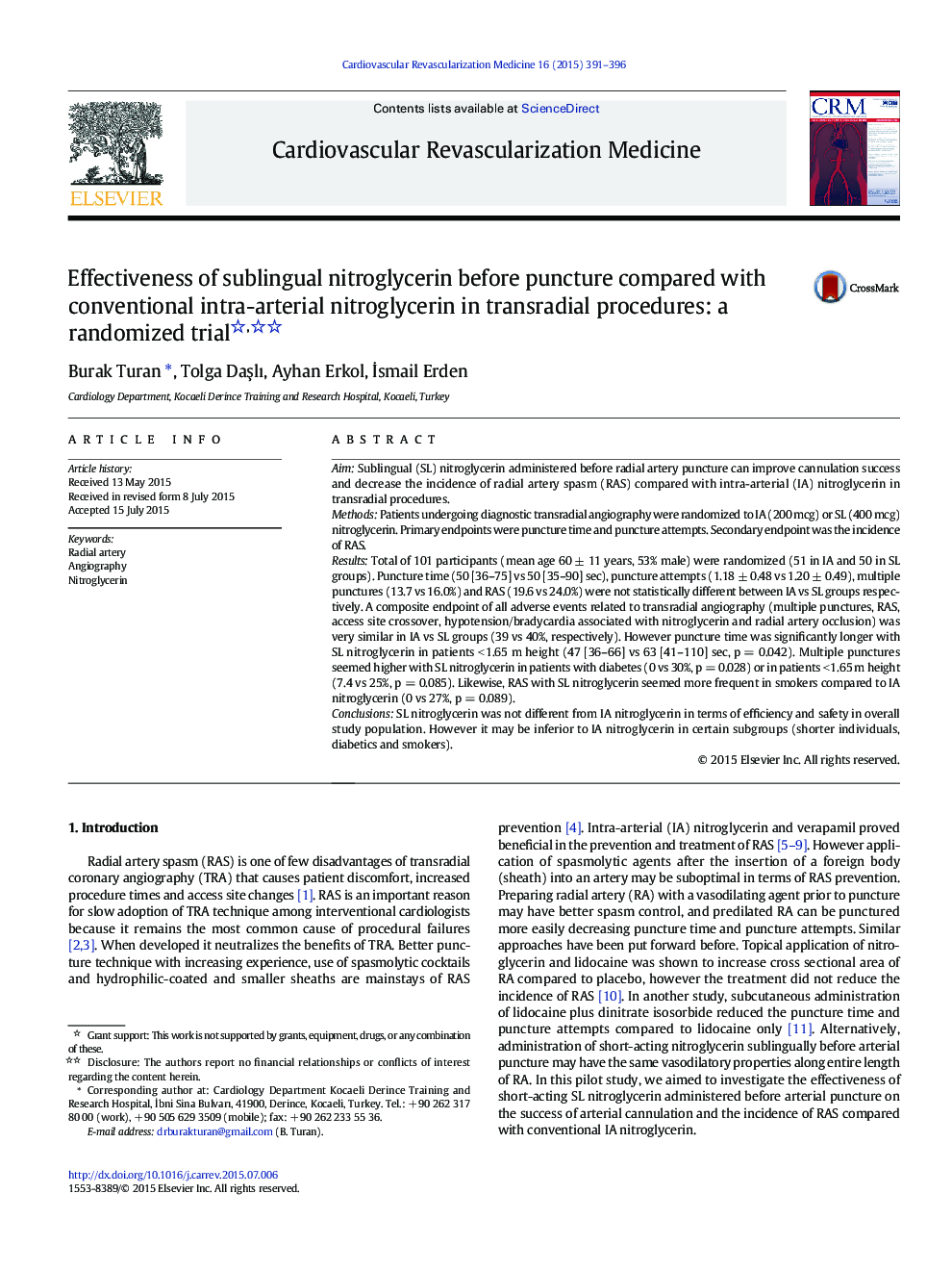 CoronaryEffectiveness of sublingual nitroglycerin before puncture compared with conventional intra-arterial nitroglycerin in transradial procedures: a randomized trial