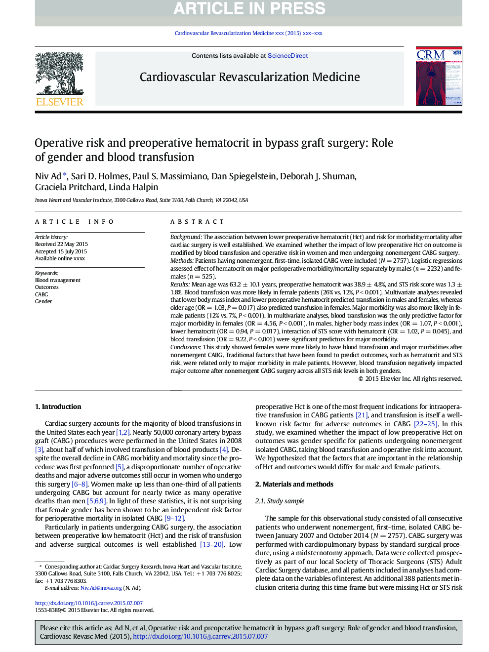 Operative risk and preoperative hematocrit in bypass graft surgery: Role of gender and blood transfusion