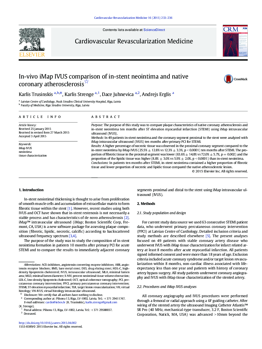 In-vivo iMap IVUS comparison of in-stent neointima and native coronary atherosclerosis