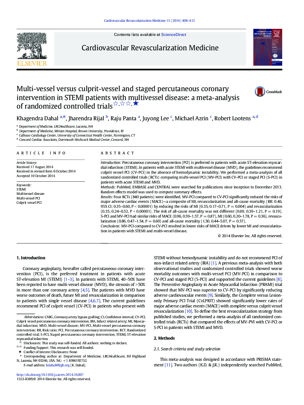 Multi-vessel versus culprit-vessel and staged percutaneous coronary intervention in STEMI patients with multivessel disease: a meta-analysis of randomized controlled trialsâ