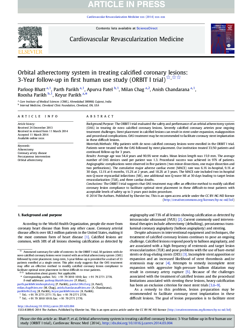 Orbital atherectomy system in treating calcified coronary lesions: 3-Year follow-up in first human use study (ORBIT I trial)