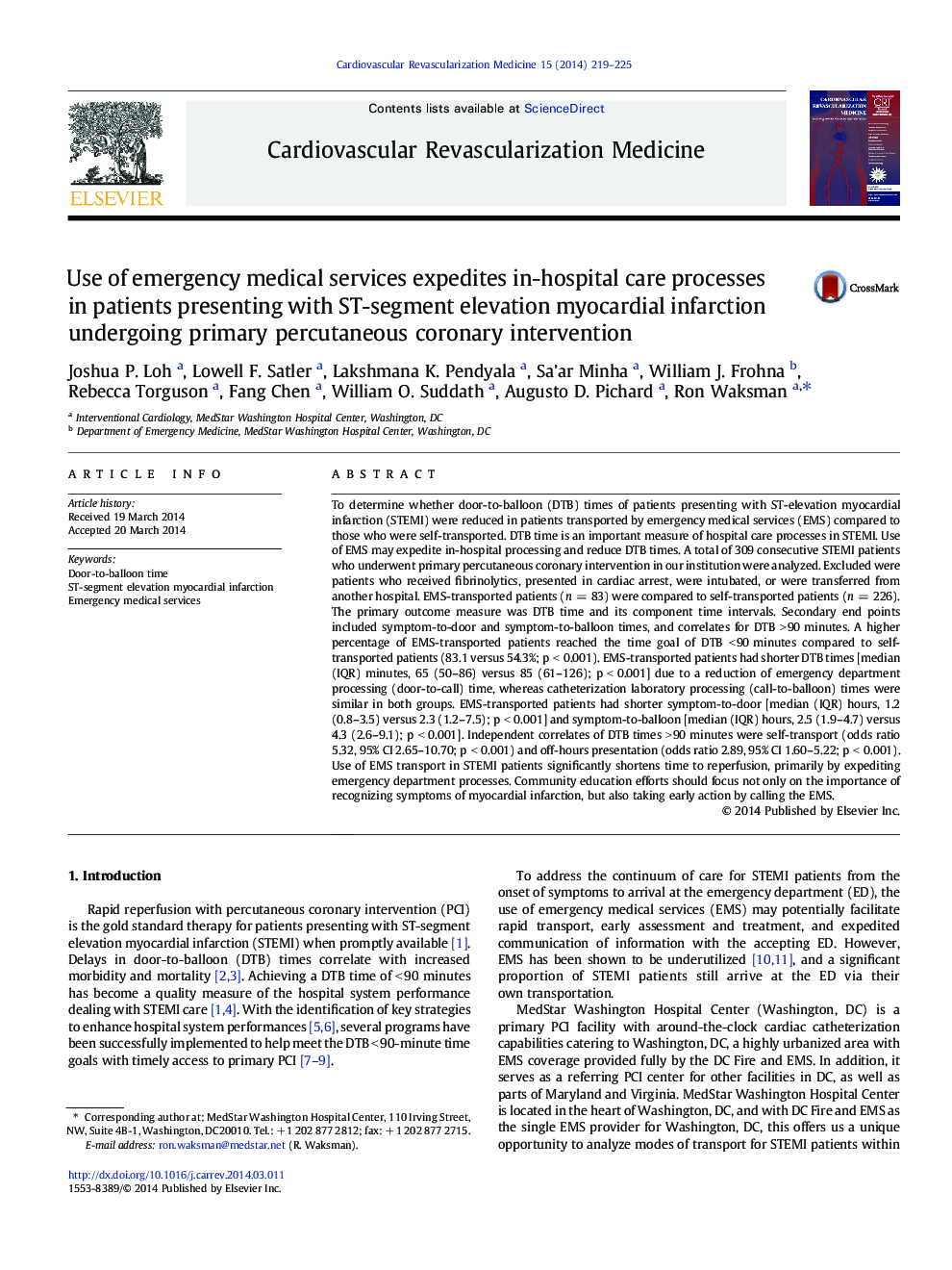 Use of emergency medical services expedites in-hospital care processes in patients presenting with ST-segment elevation myocardial infarction undergoing primary percutaneous coronary intervention