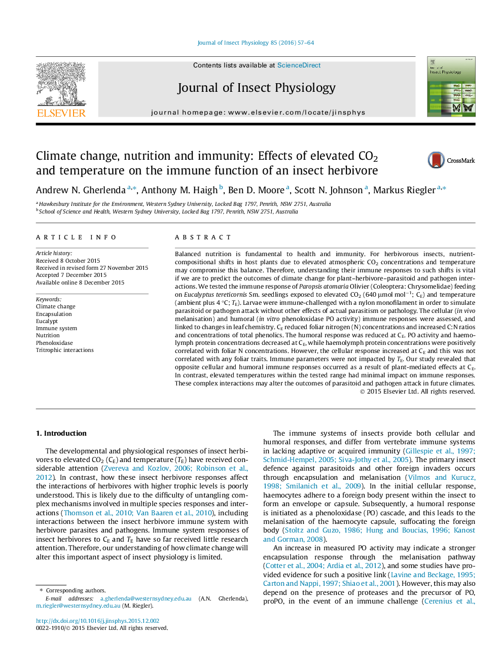 Climate change, nutrition and immunity: Effects of elevated CO2 and temperature on the immune function of an insect herbivore