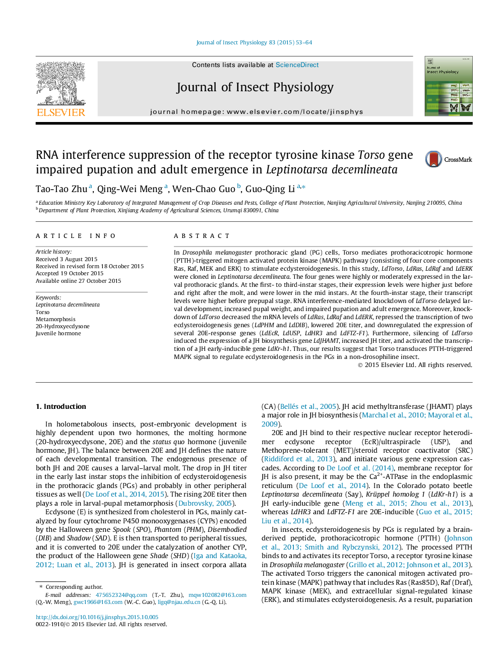 RNA interference suppression of the receptor tyrosine kinase Torso gene impaired pupation and adult emergence in Leptinotarsa decemlineata