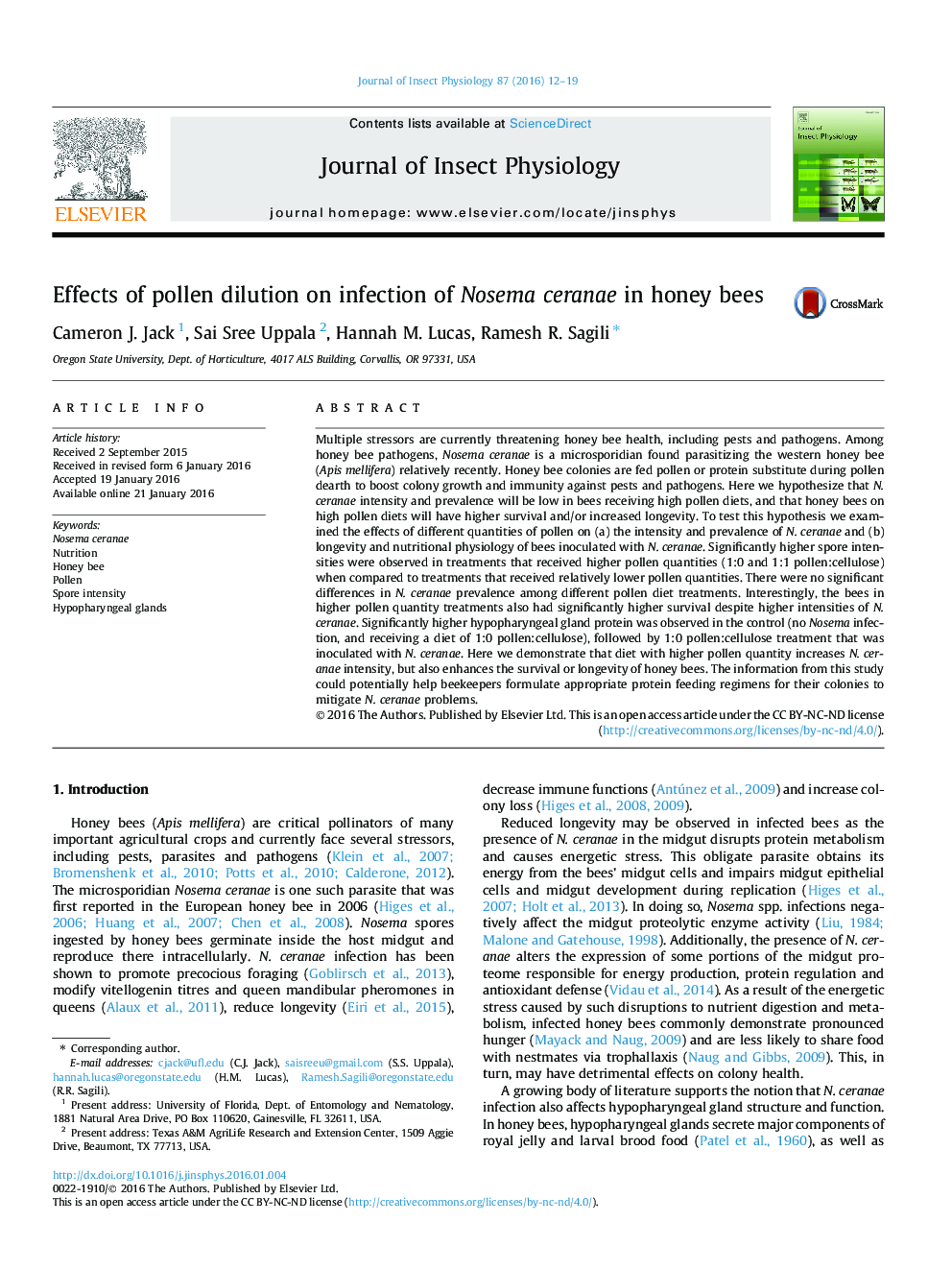 Effects of pollen dilution on infection of Nosema ceranae in honey bees