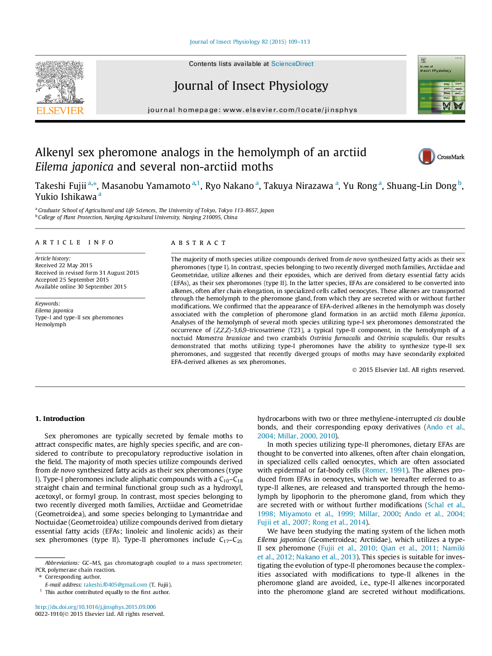 Alkenyl sex pheromone analogs in the hemolymph of an arctiid Eilema japonica and several non-arctiid moths