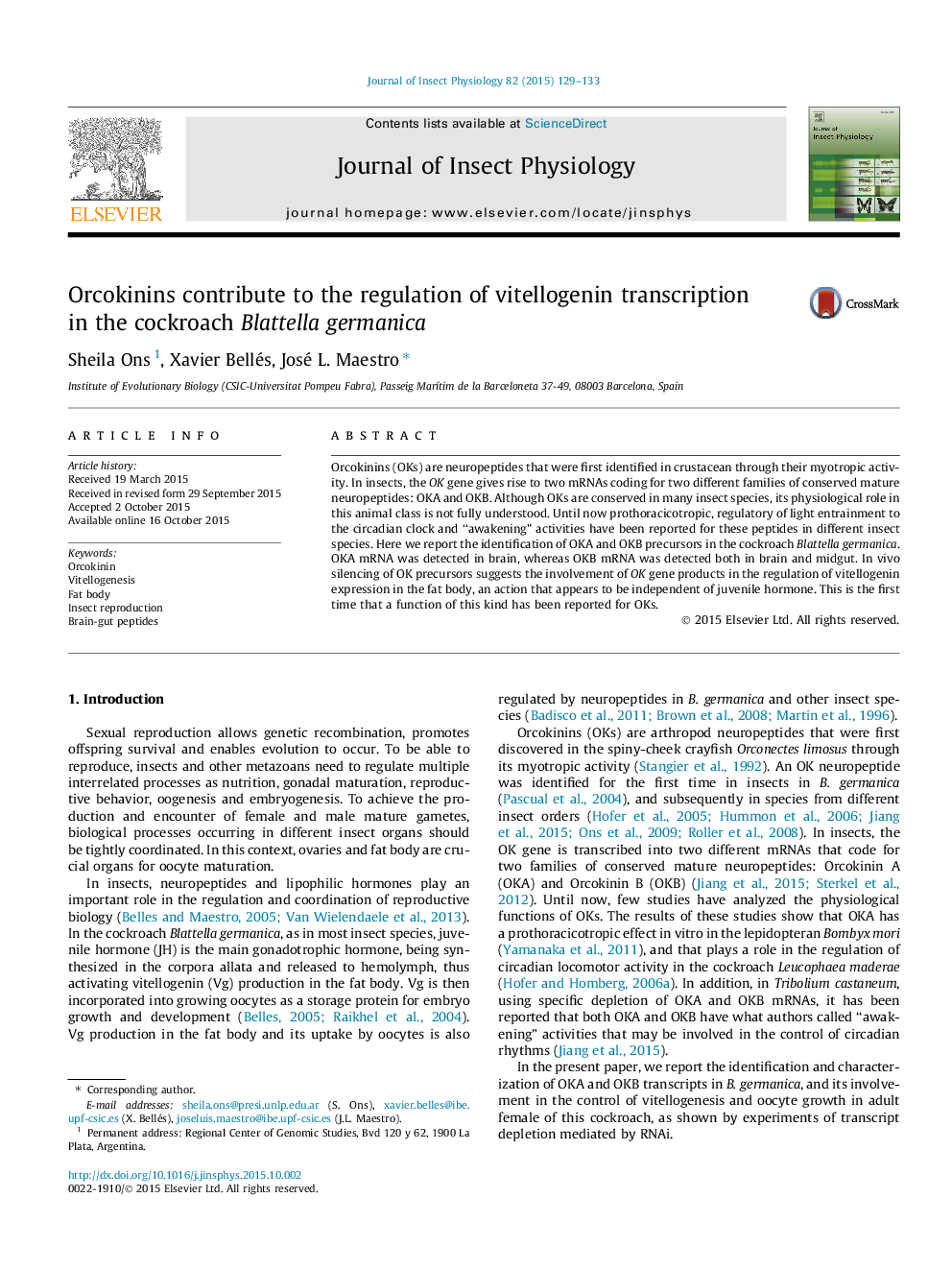 Orcokinins contribute to the regulation of vitellogenin transcription in the cockroach Blattella germanica