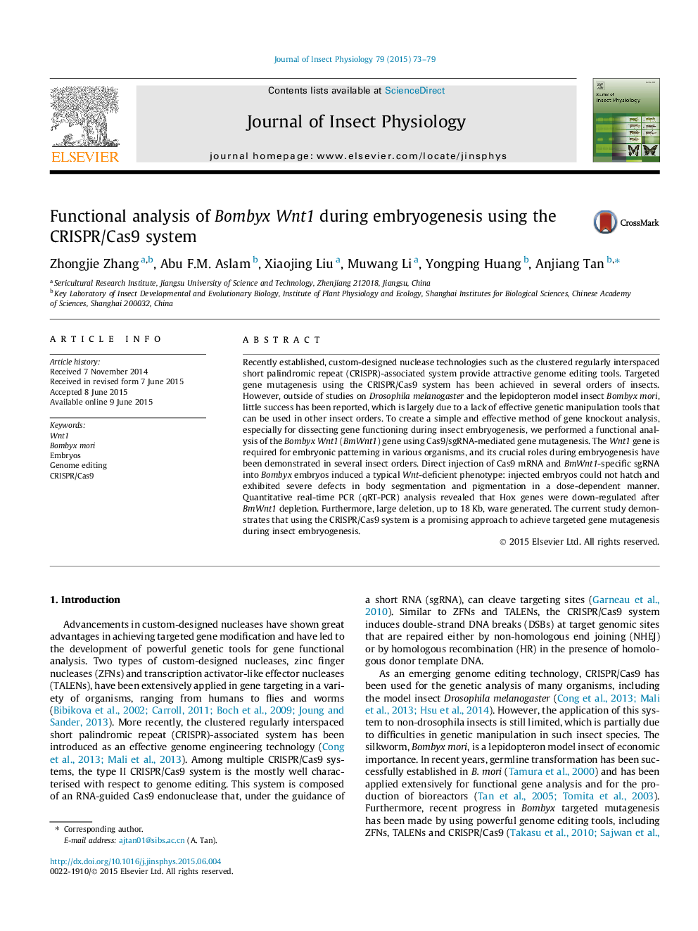 Functional analysis of Bombyx Wnt1 during embryogenesis using the CRISPR/Cas9 system