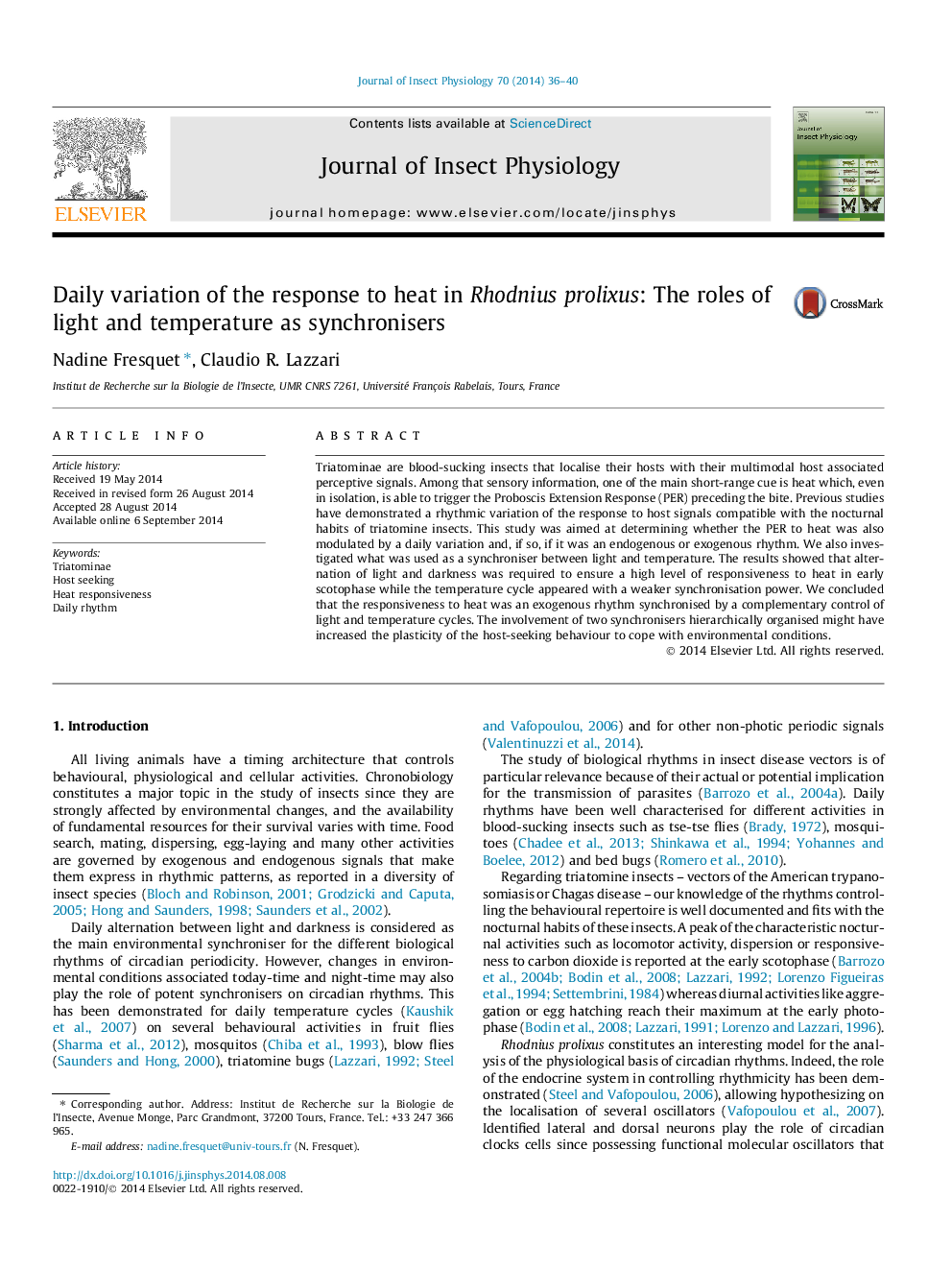 Daily variation of the response to heat in Rhodnius prolixus: The roles of light and temperature as synchronisers