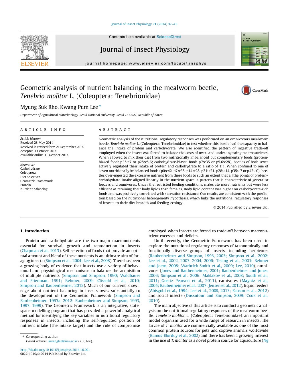 Geometric analysis of nutrient balancing in the mealworm beetle, Tenebrio molitor L. (Coleoptera: Tenebrionidae)