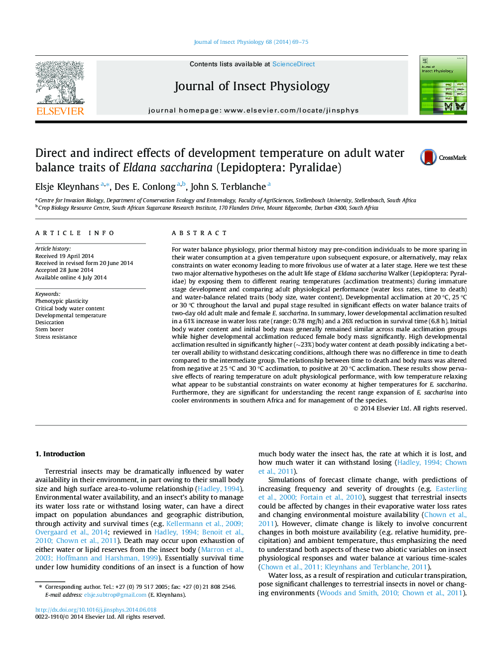 Direct and indirect effects of development temperature on adult water balance traits of Eldana saccharina (Lepidoptera: Pyralidae)