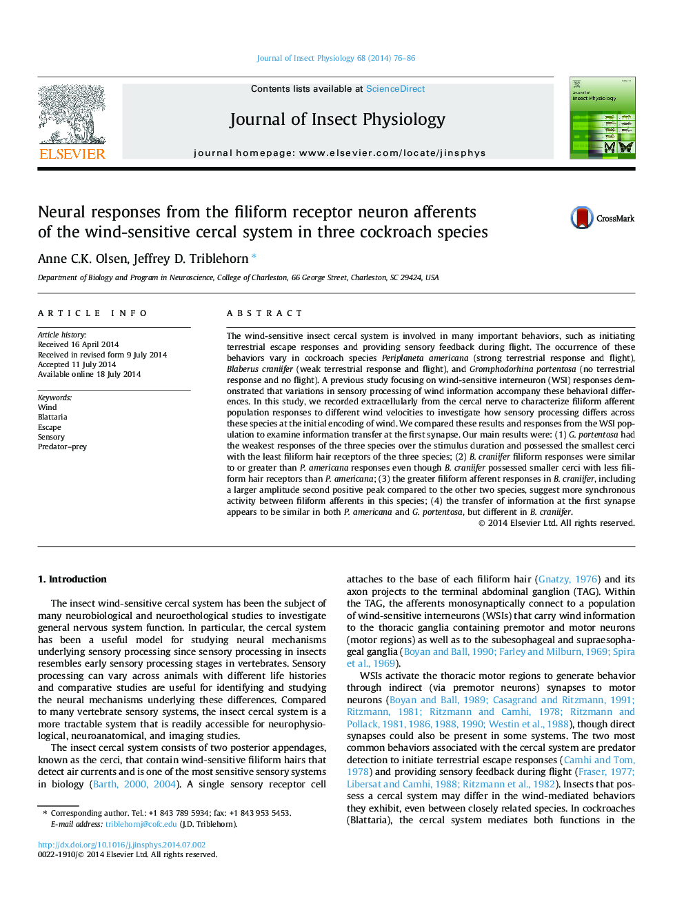 پاسخ های عصبی از عصب گیرنده های گیرنده فیلتری در سیستم حساس باد حساس در سه گونه سوسک 