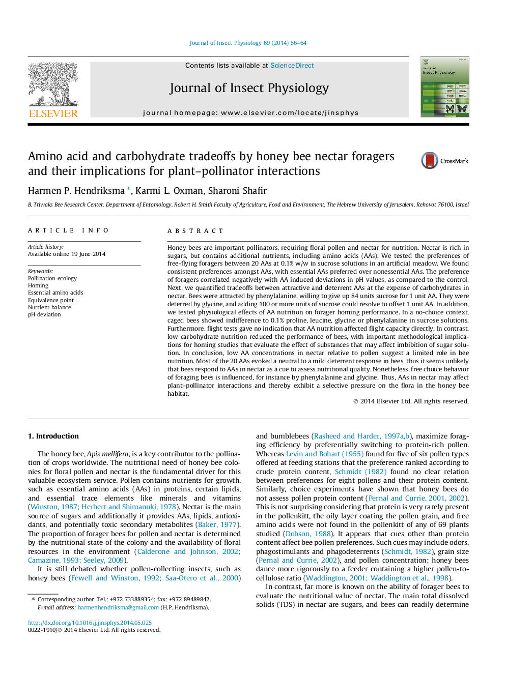 Amino acid and carbohydrate tradeoffs by honey bee nectar foragers and their implications for plant-pollinator interactions