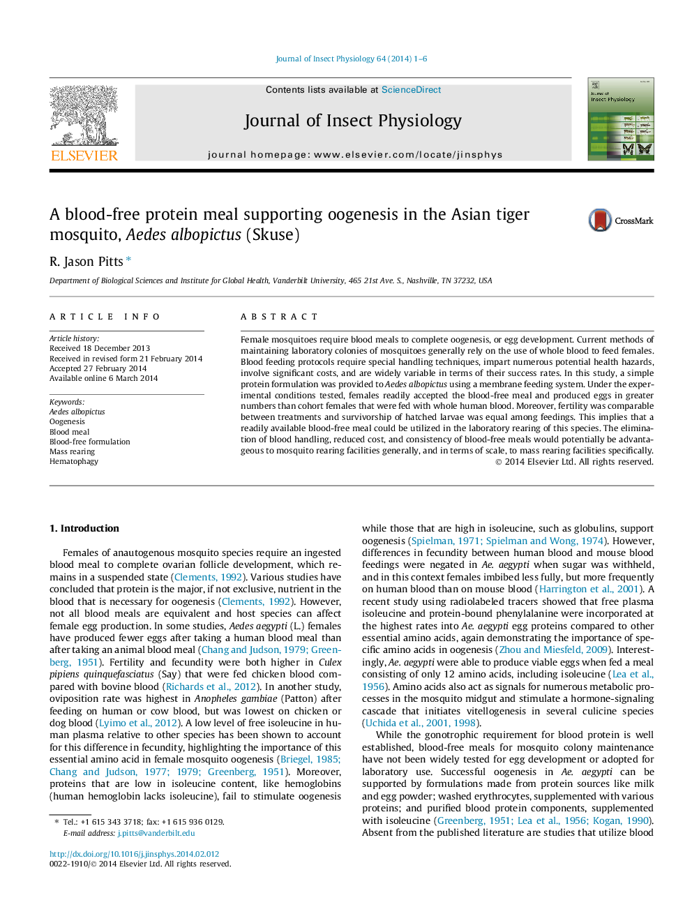 A blood-free protein meal supporting oogenesis in the Asian tiger mosquito, Aedes albopictus (Skuse)