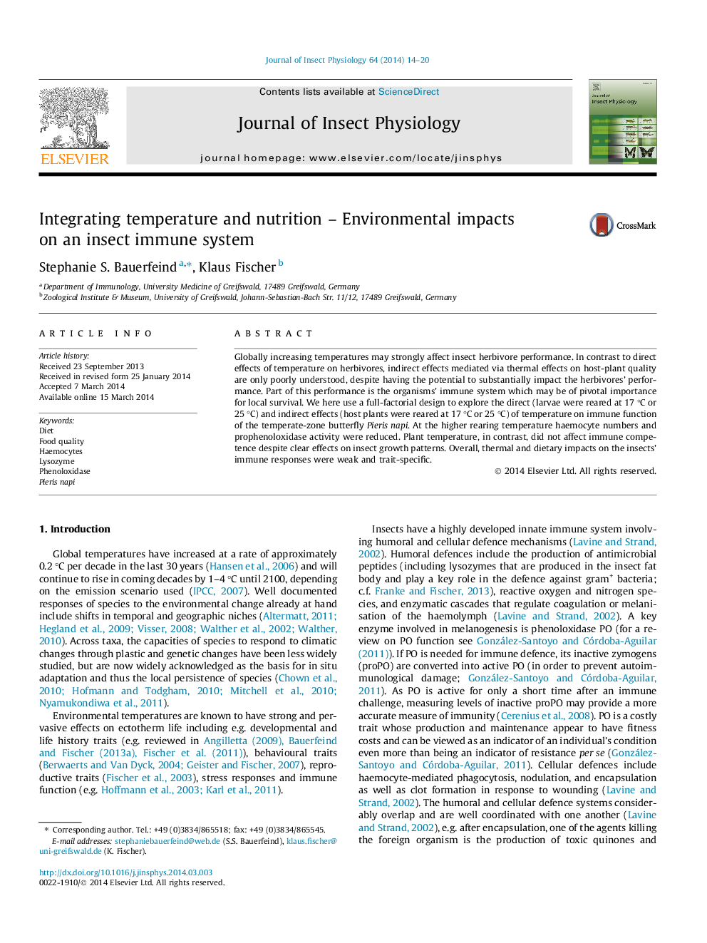 Integrating temperature and nutrition - Environmental impacts on an insect immune system