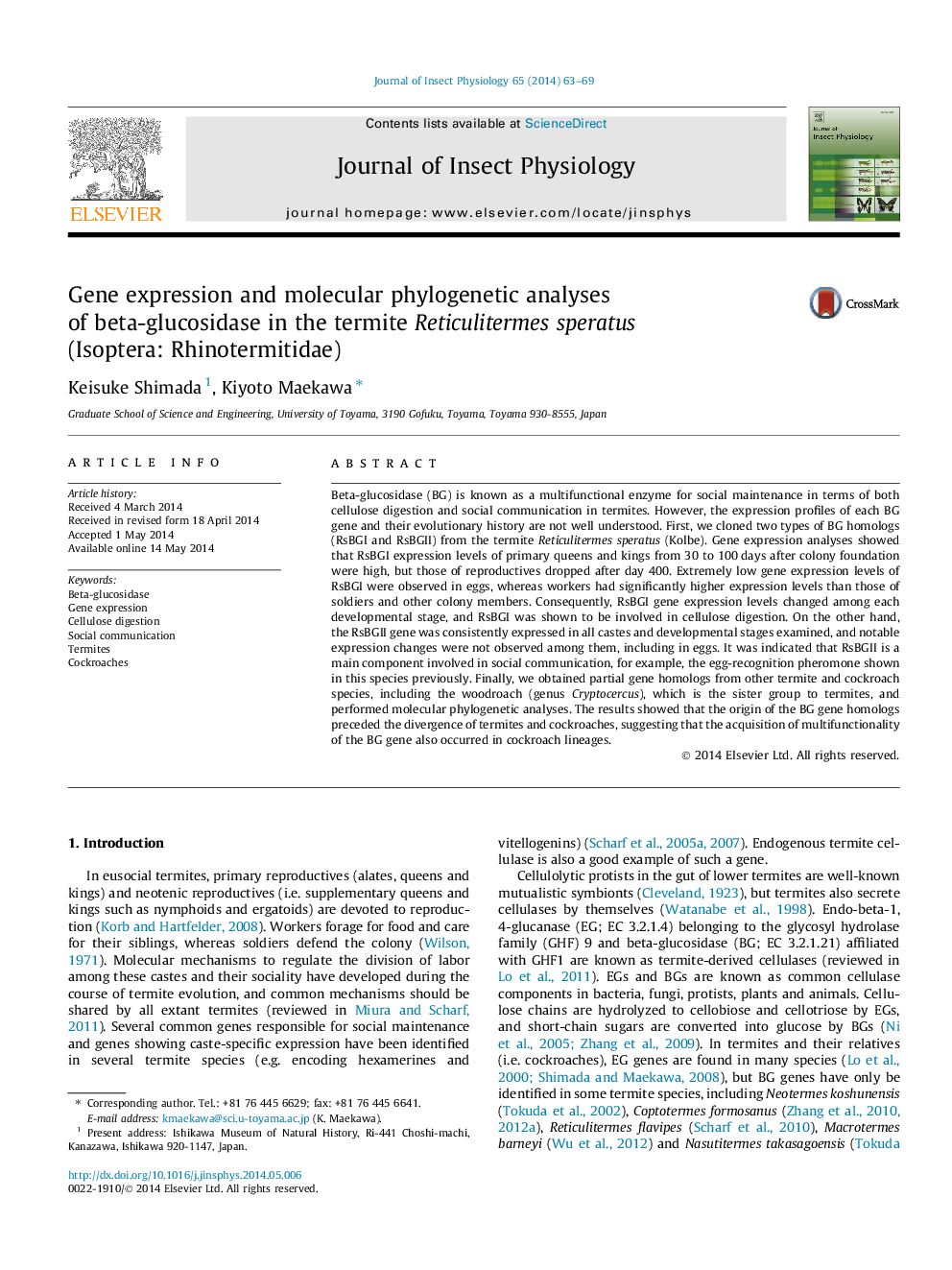 Gene expression and molecular phylogenetic analyses of beta-glucosidase in the termite Reticulitermes speratus (Isoptera: Rhinotermitidae)