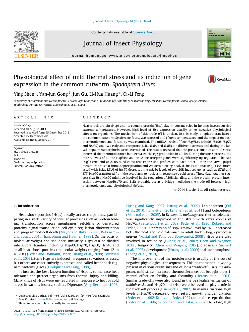 Physiological effect of mild thermal stress and its induction of gene expression in the common cutworm, Spodoptera litura