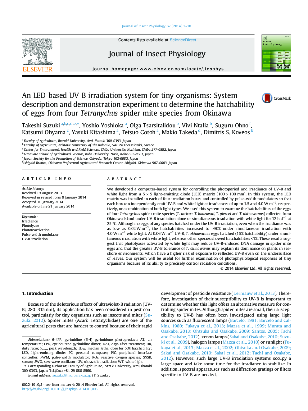 An LED-based UV-B irradiation system for tiny organisms: System description and demonstration experiment to determine the hatchability of eggs from four Tetranychus spider mite species from Okinawa