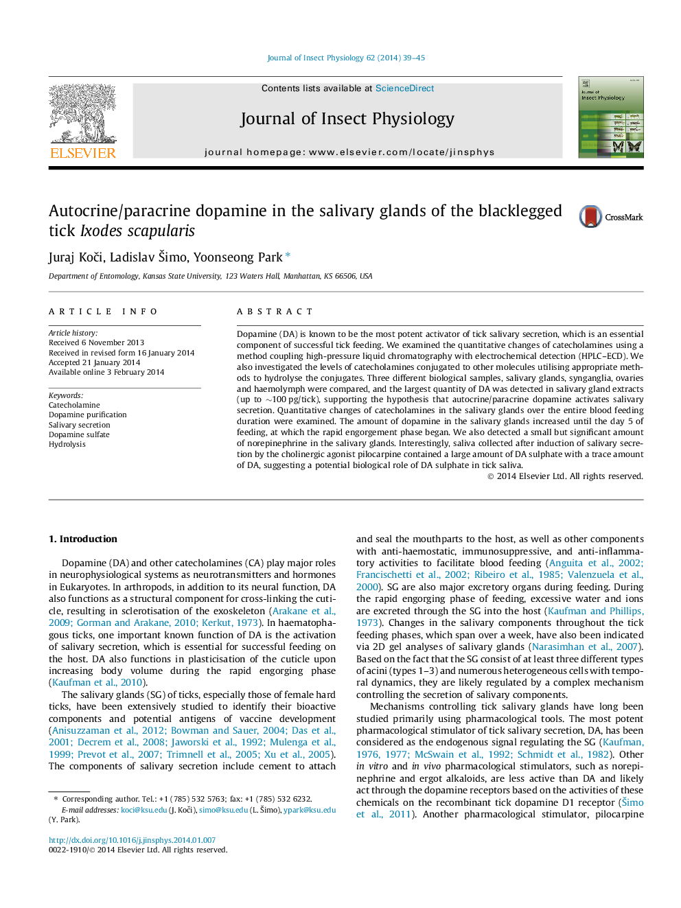 Autocrine/paracrine dopamine in the salivary glands of the blacklegged tick Ixodes scapularis