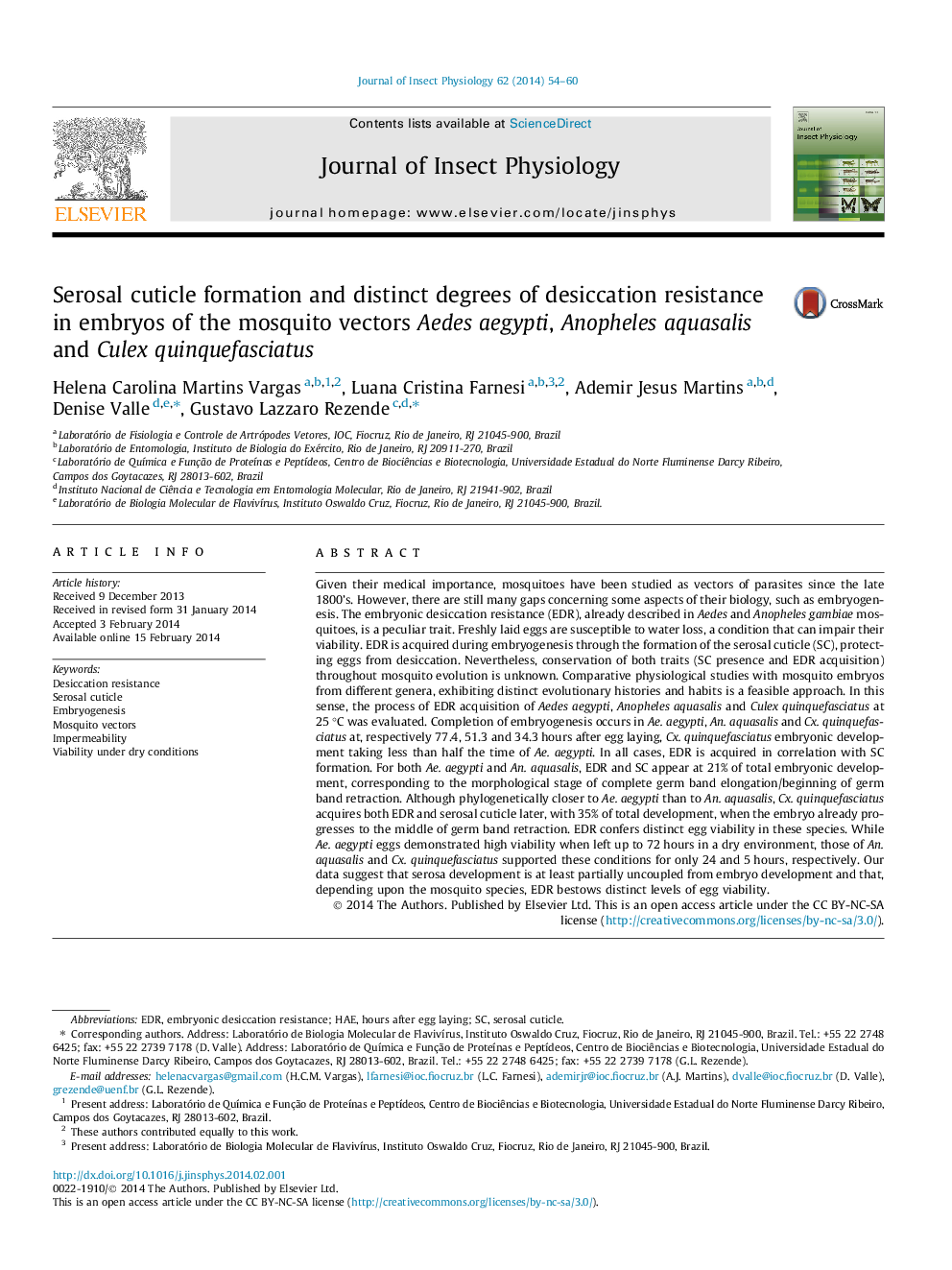 Serosal cuticle formation and distinct degrees of desiccation resistance in embryos of the mosquito vectors Aedes aegypti, Anopheles aquasalis and Culex quinquefasciatus