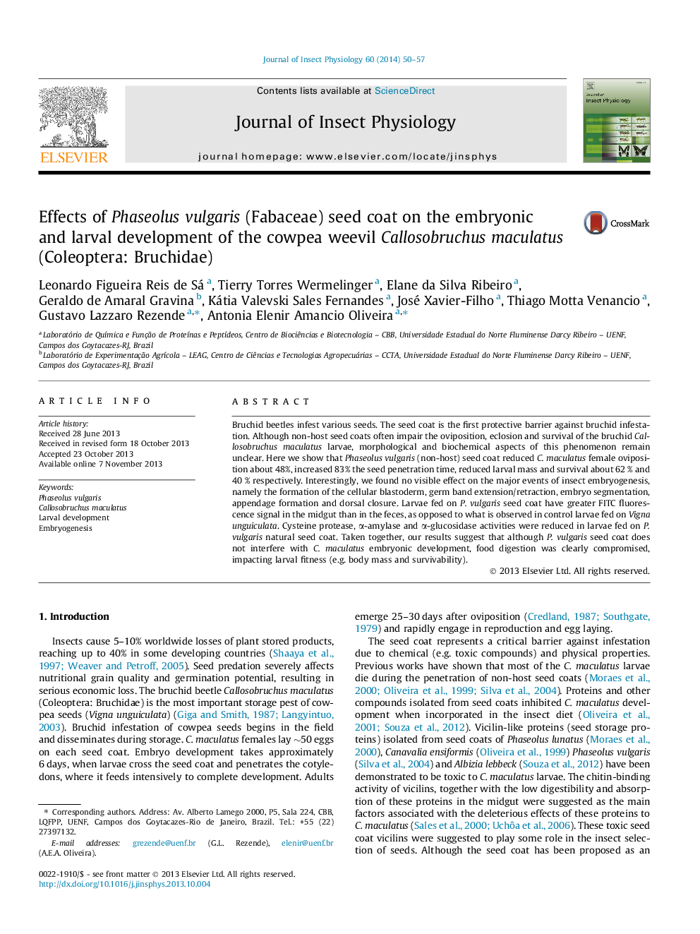 Effects of Phaseolus vulgaris (Fabaceae) seed coat on the embryonic and larval development of the cowpea weevil Callosobruchus maculatus (Coleoptera: Bruchidae)