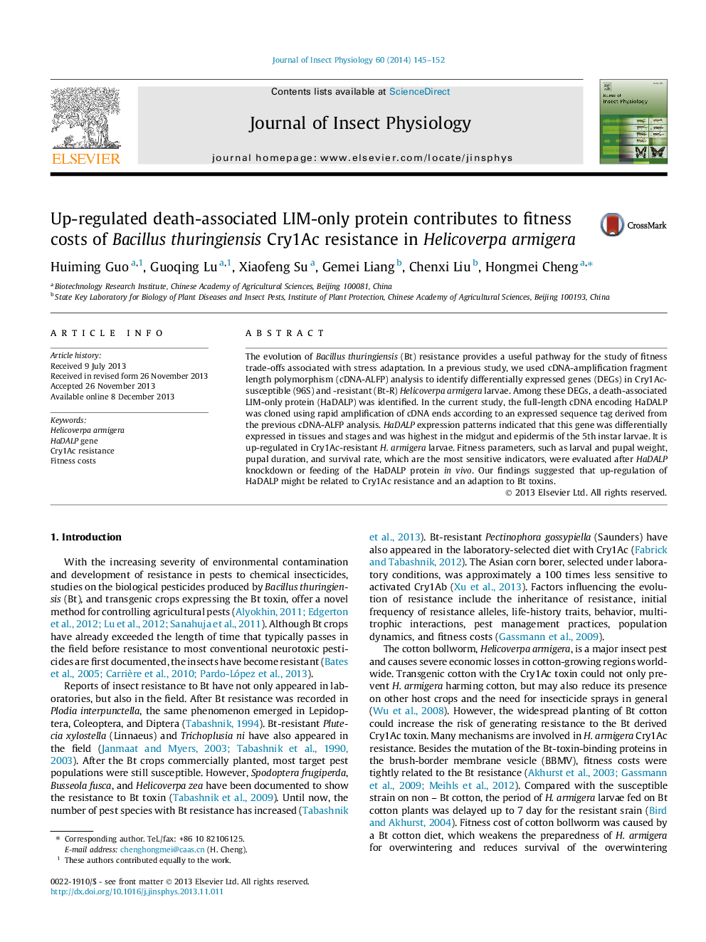 Up-regulated death-associated LIM-only protein contributes to fitness costs of Bacillus thuringiensis Cry1Ac resistance in Helicoverpa armigera