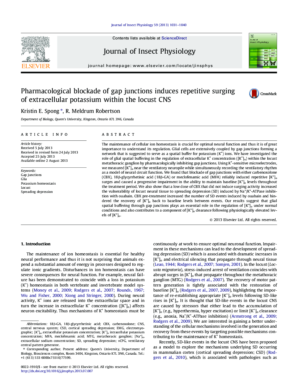 Pharmacological blockade of gap junctions induces repetitive surging of extracellular potassium within the locust CNS