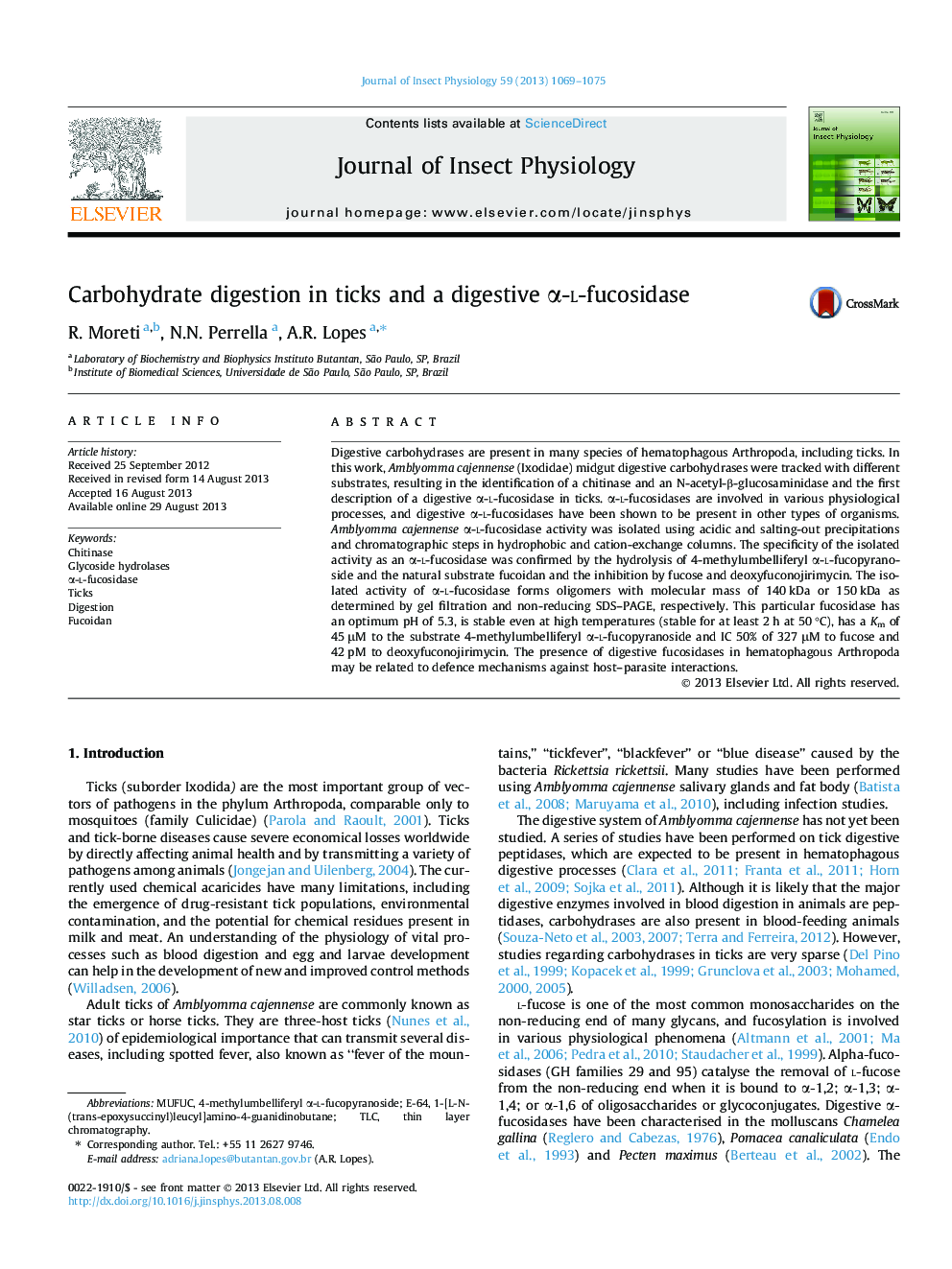 Carbohydrate digestion in ticks and a digestive Î±-l-fucosidase