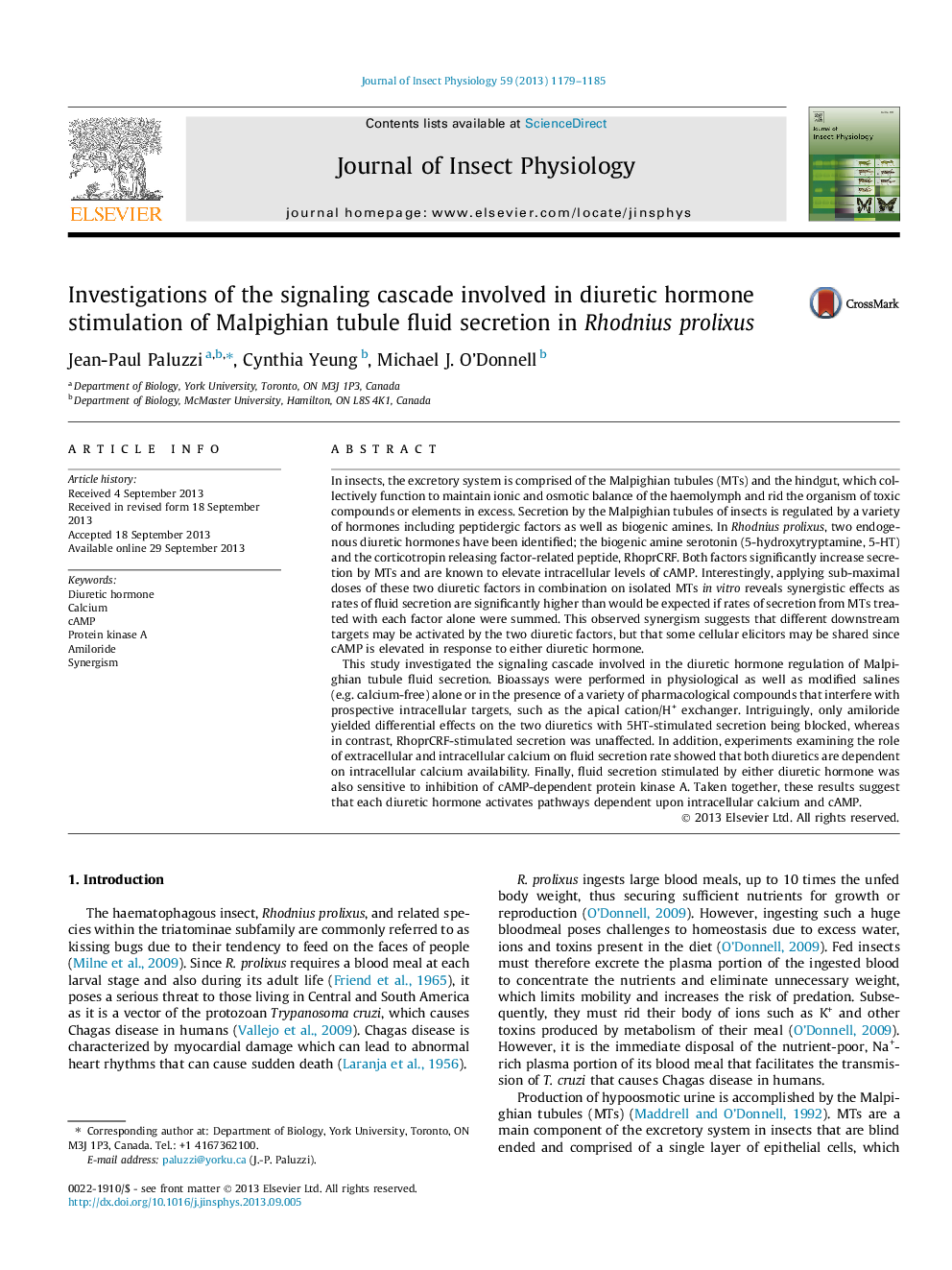 Investigations of the signaling cascade involved in diuretic hormone stimulation of Malpighian tubule fluid secretion in Rhodnius prolixus