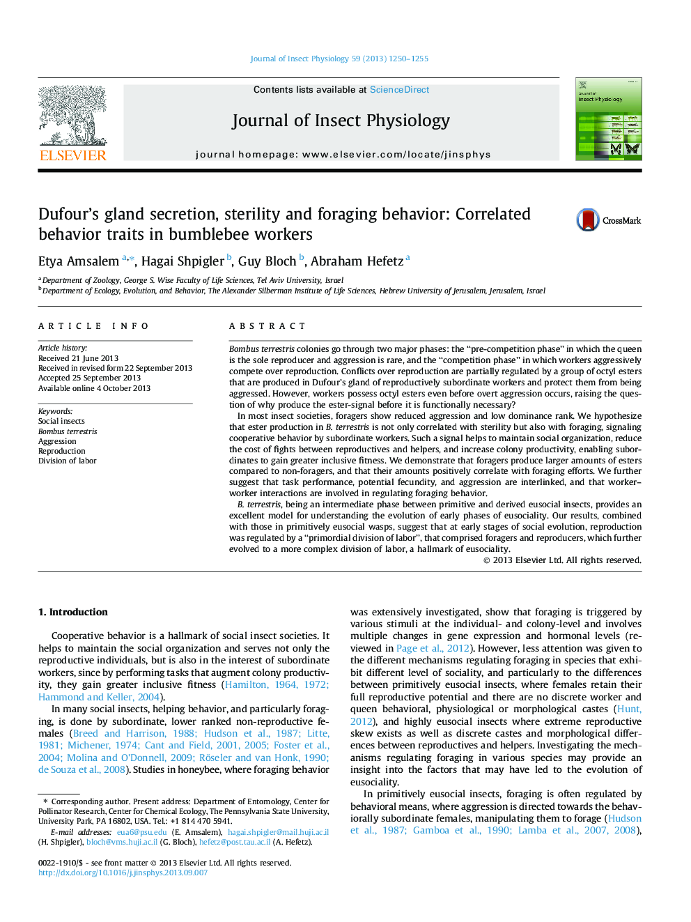 Dufour's gland secretion, sterility and foraging behavior: Correlated behavior traits in bumblebee workers