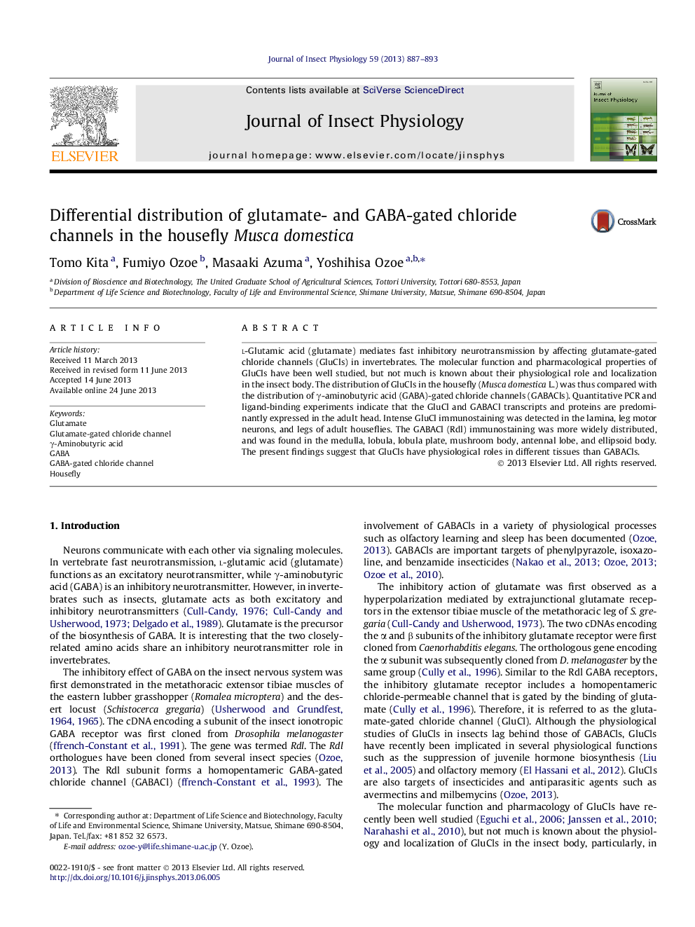 Differential distribution of glutamate- and GABA-gated chloride channels in the housefly Musca domestica