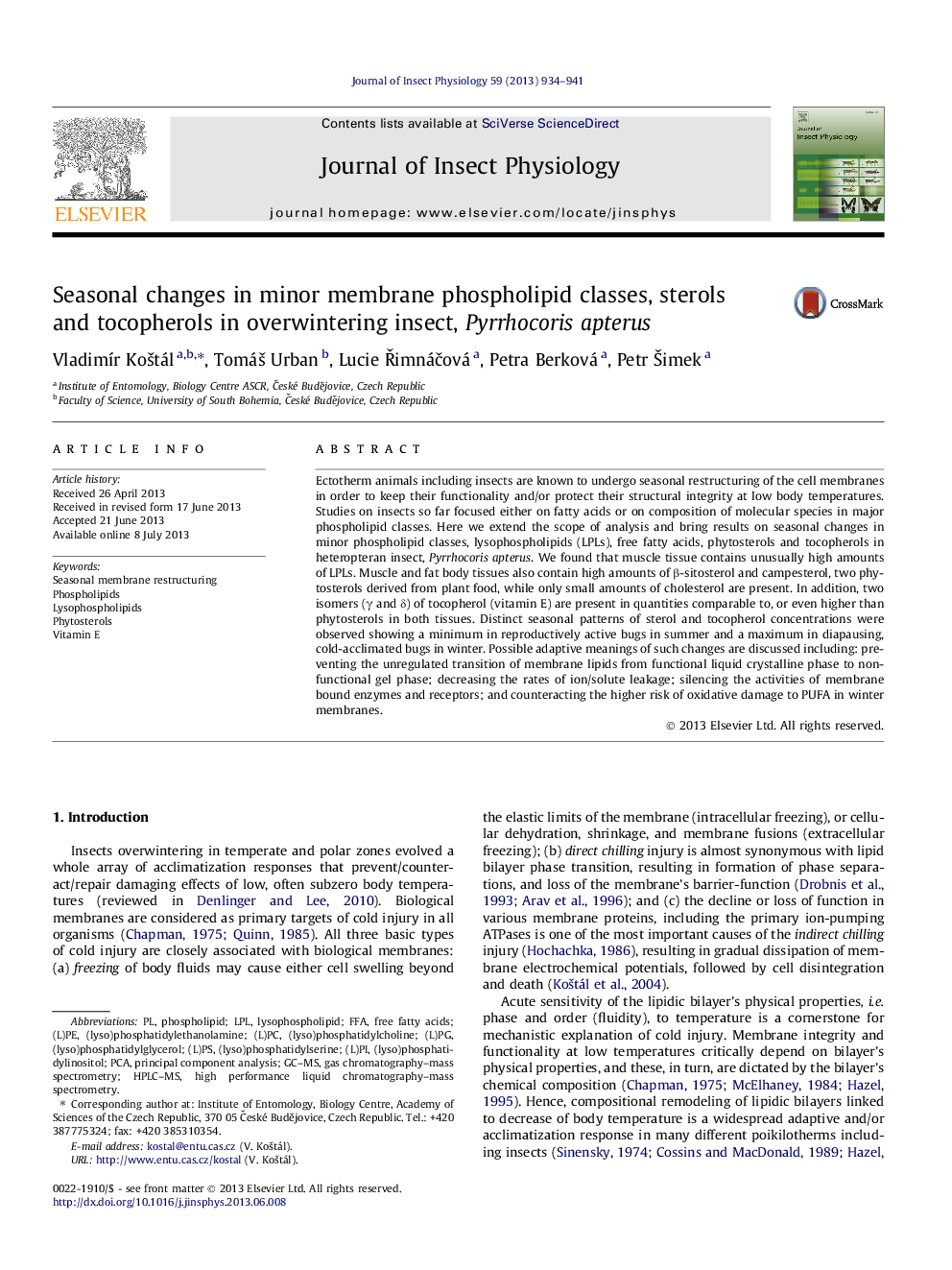 Seasonal changes in minor membrane phospholipid classes, sterols and tocopherols in overwintering insect, Pyrrhocoris apterus