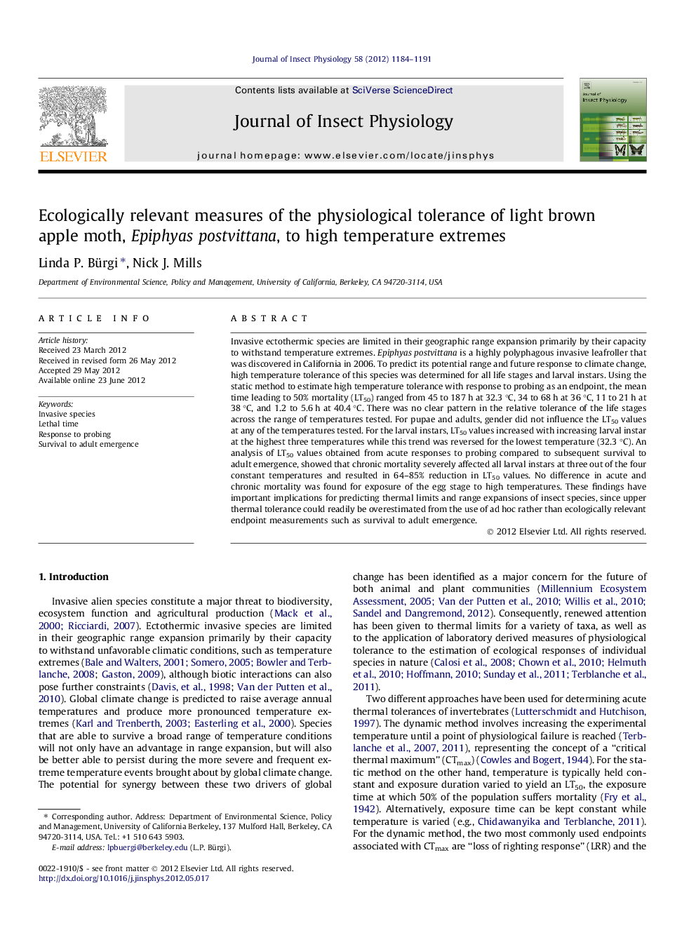 Ecologically relevant measures of the physiological tolerance of light brown apple moth, Epiphyas postvittana, to high temperature extremes