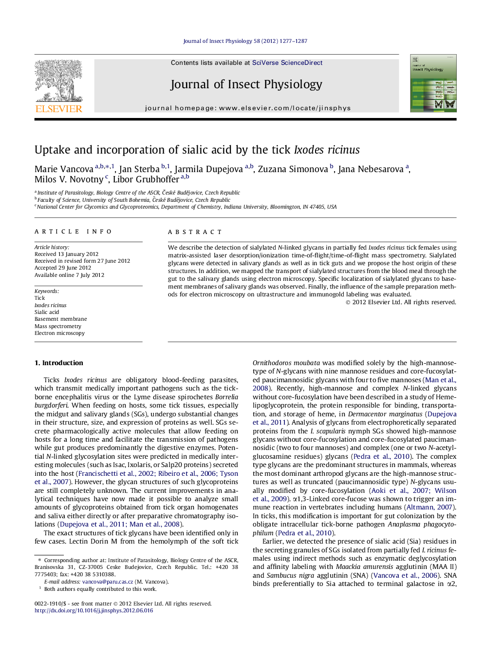 Uptake and incorporation of sialic acid by the tick Ixodes ricinus