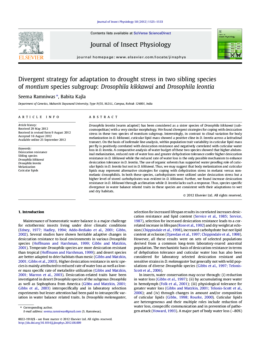 Divergent strategy for adaptation to drought stress in two sibling species of montium species subgroup: Drosophila kikkawai and Drosophila leontia