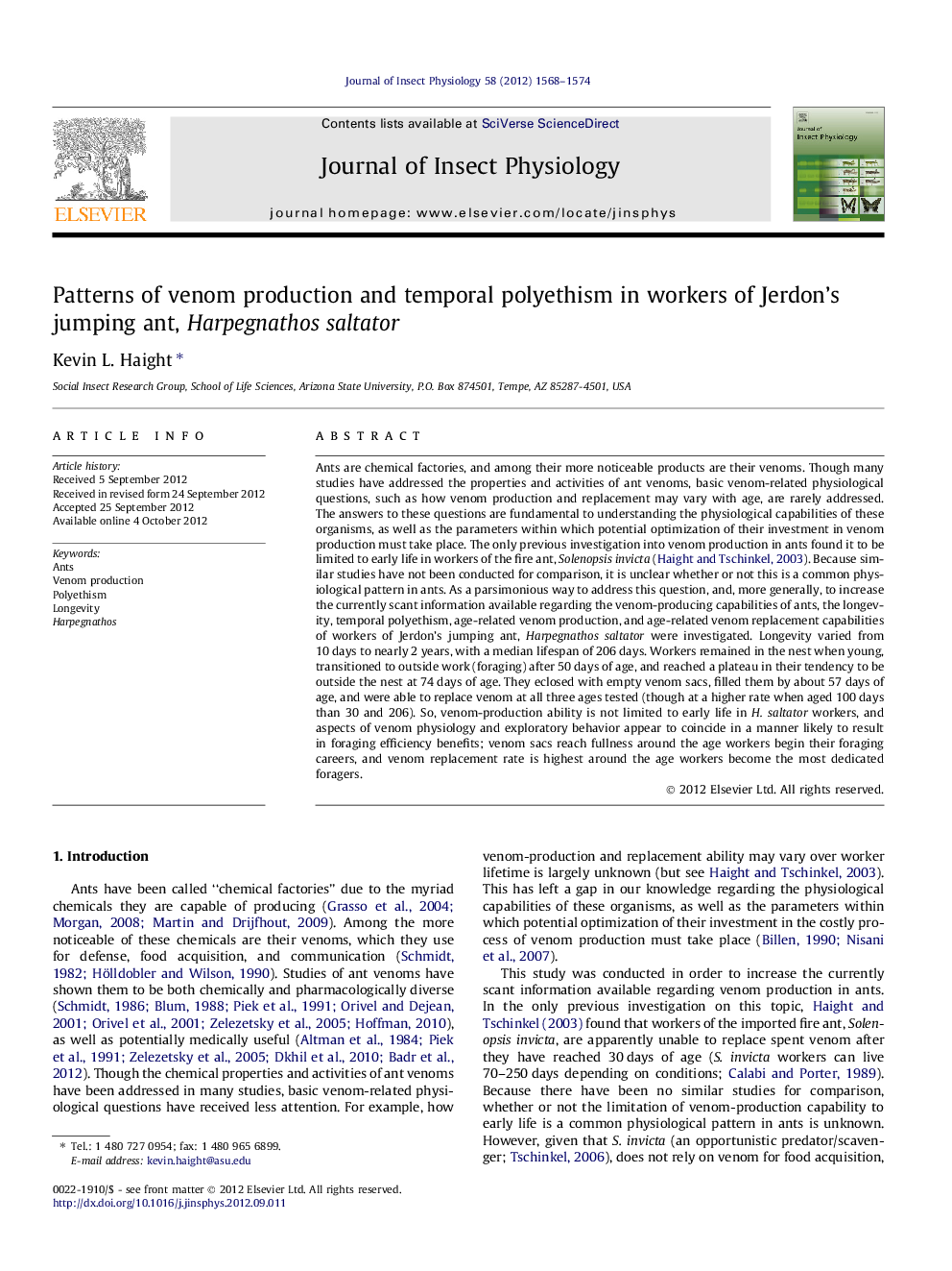 Patterns of venom production and temporal polyethism in workers of Jerdon's jumping ant, Harpegnathos saltator