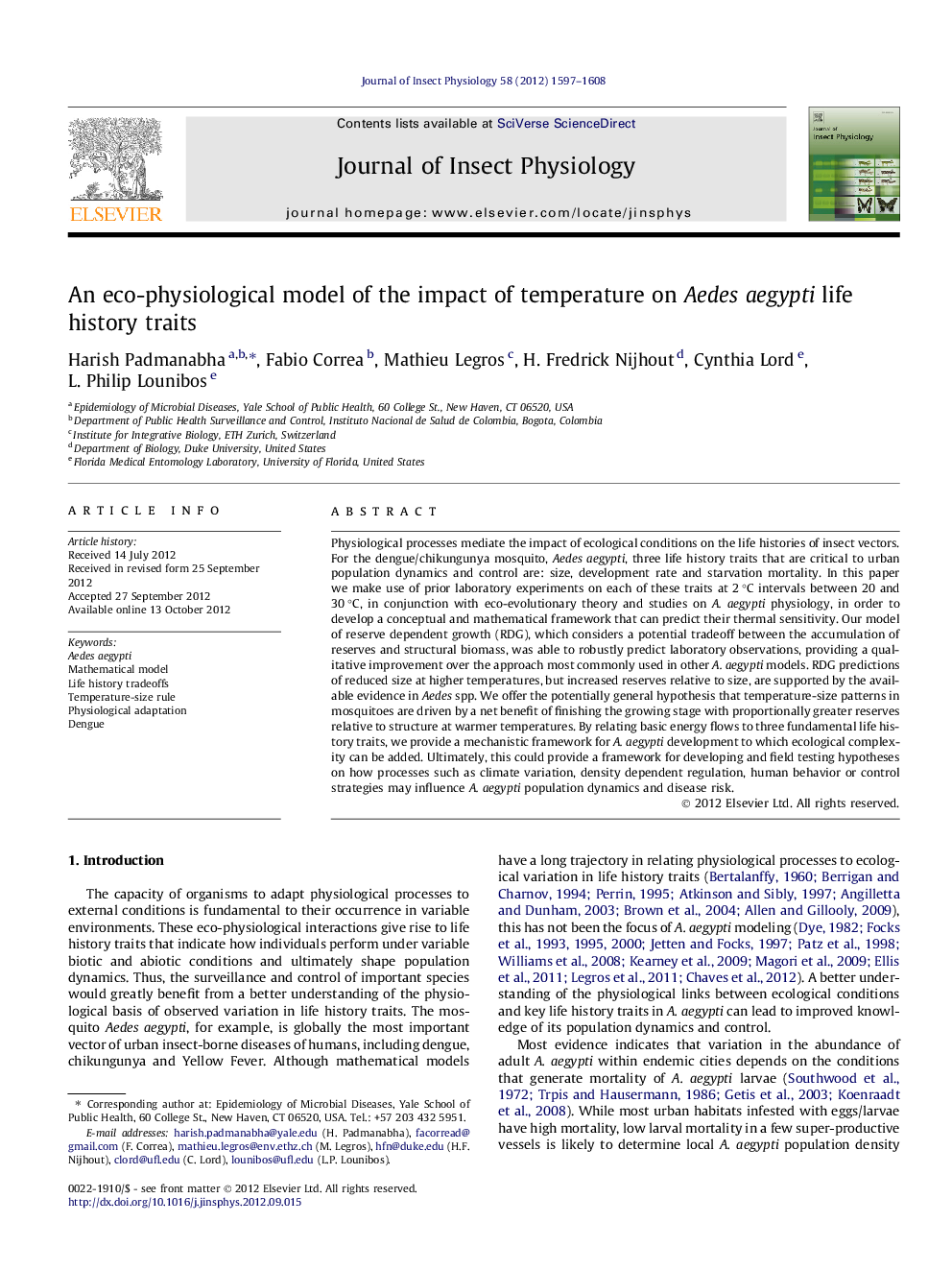 An eco-physiological model of the impact of temperature on Aedes aegypti life history traits