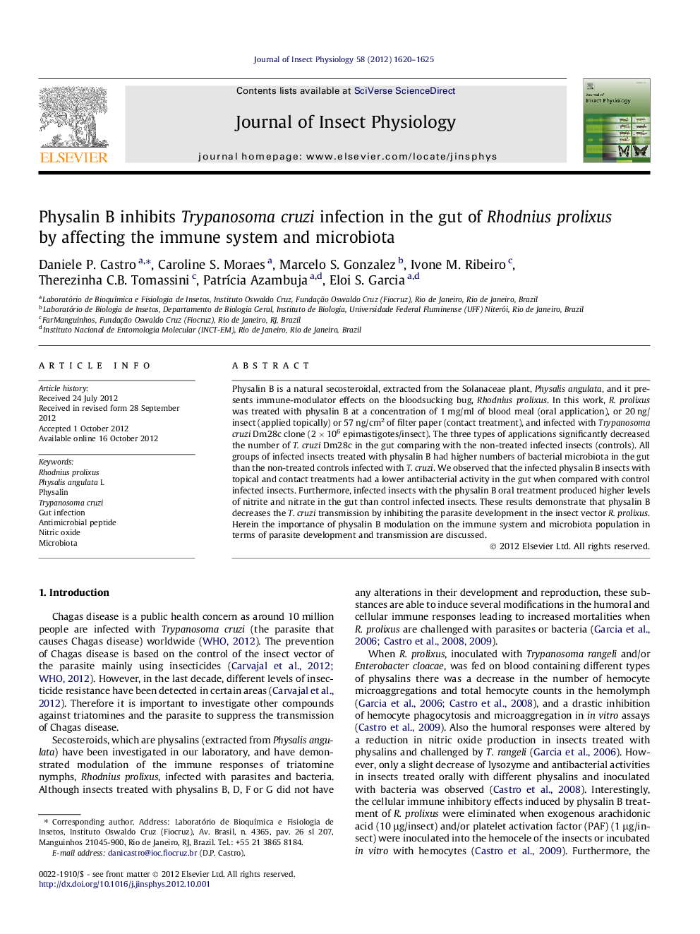 Physalin B inhibits Trypanosoma cruzi infection in the gut of Rhodnius prolixus by affecting the immune system and microbiota