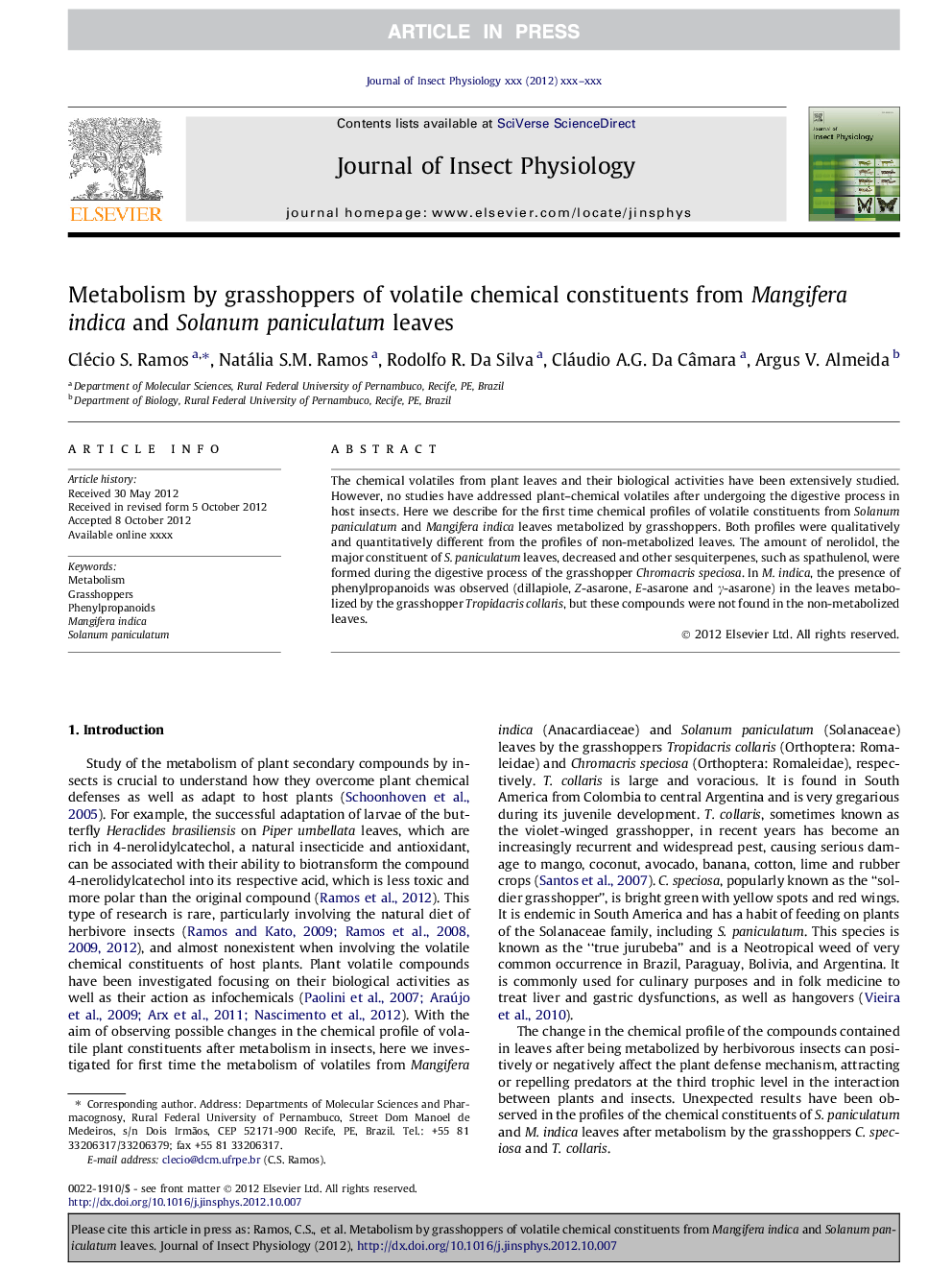 Metabolism by grasshoppers of volatile chemical constituents from Mangifera indica and Solanum paniculatum leaves