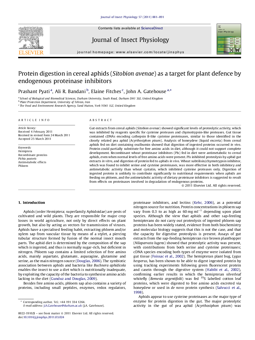 Protein digestion in cereal aphids (Sitobion avenae) as a target for plant defence by endogenous proteinase inhibitors