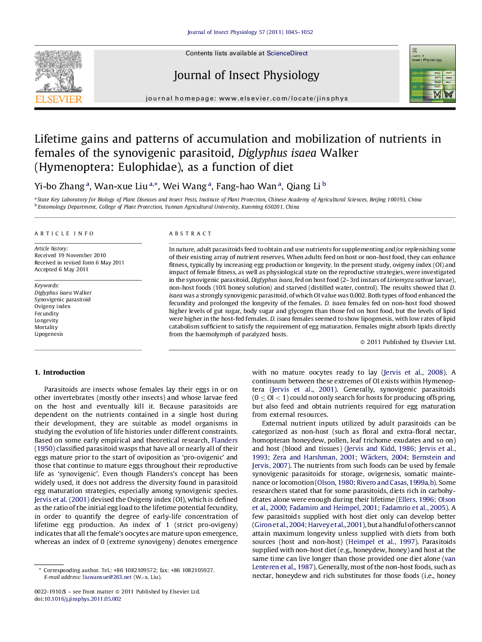 Lifetime gains and patterns of accumulation and mobilization of nutrients in females of the synovigenic parasitoid, Diglyphus isaea Walker (Hymenoptera: Eulophidae), as a function of diet