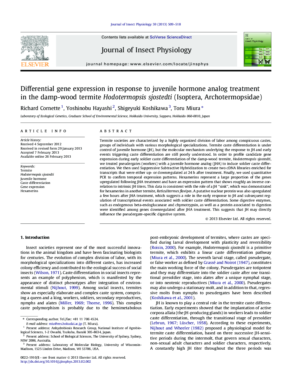 Differential gene expression in response to juvenile hormone analog treatment in the damp-wood termite Hodotermopsis sjostedti (Isoptera, Archotermopsidae)